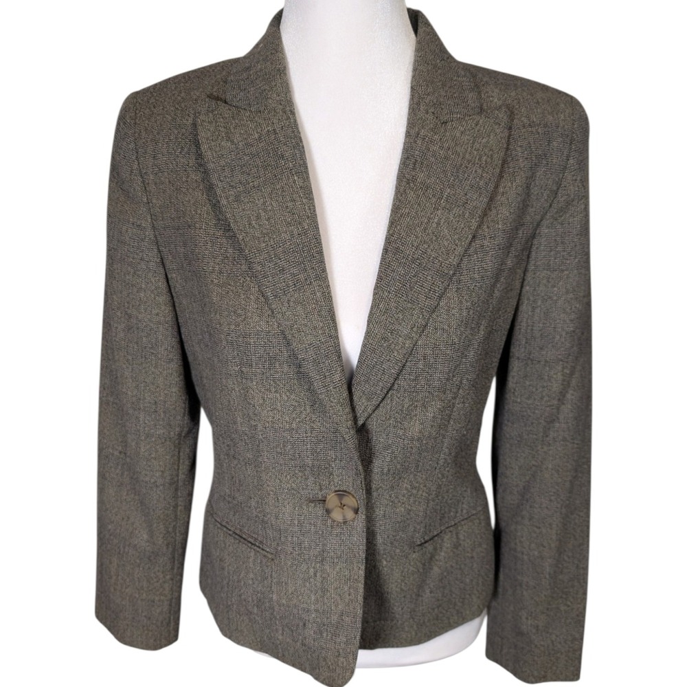 Linda Allard Ellen Tracy Wool Blazer Petite 8 Olive Glen Check Single Button
